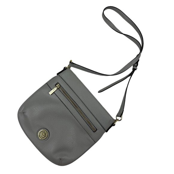 Anne Klein Gray Crossbody Bag Purse Embossed Faux Leather Polka Dot Interior - Picture 1 of 8